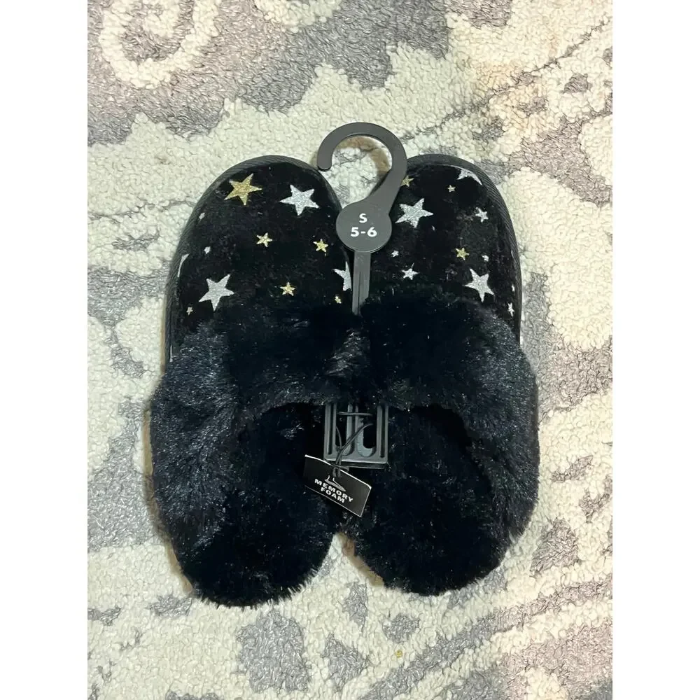 NWT❤️Black Gold Silver Star Memory Foam Cozy Slippers sz small(5-6)